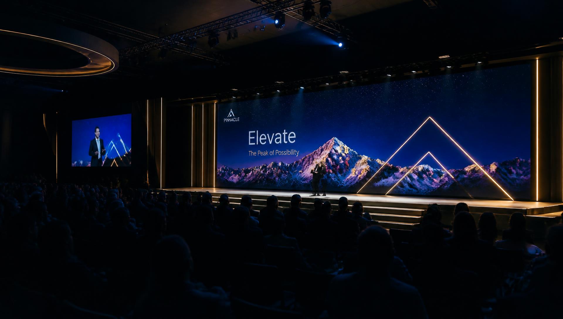 Corporate general session with a large LED video wall and gold stage lighting