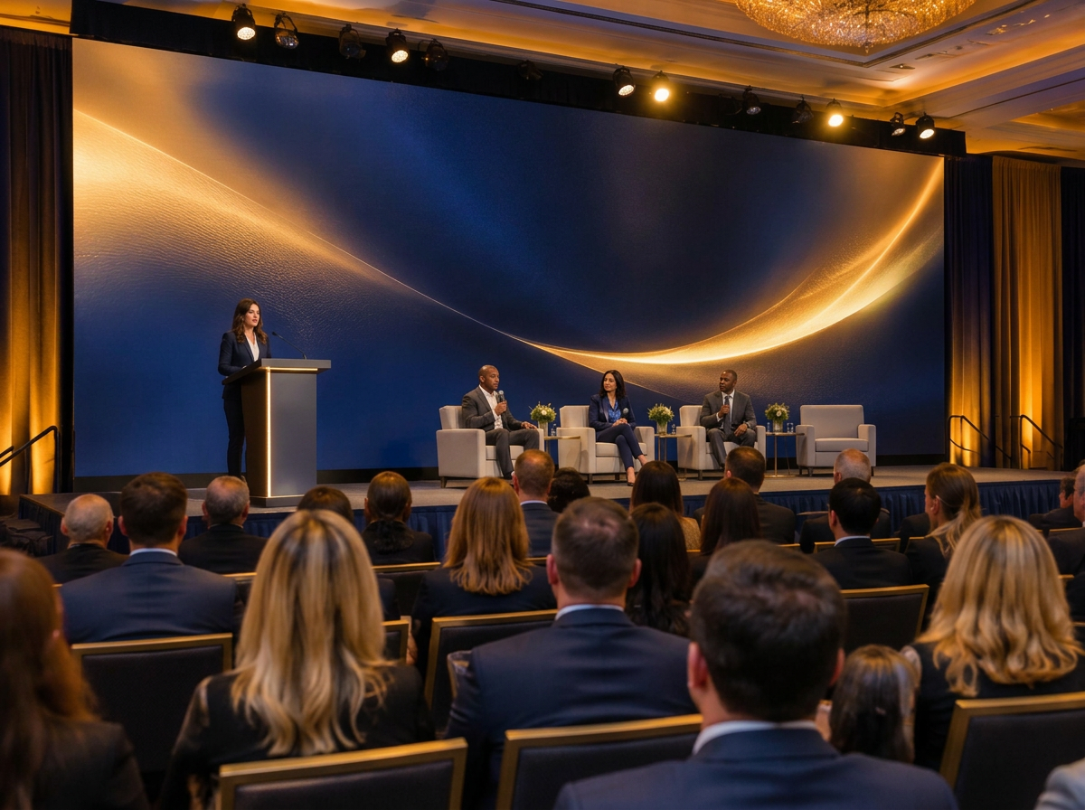 Conference stage with projection screen