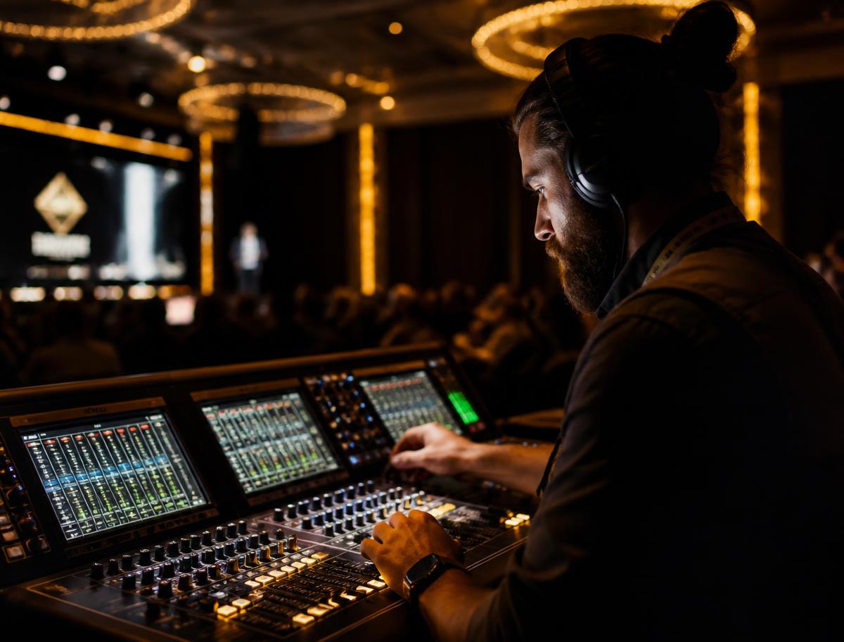 AV technician at an audio console
